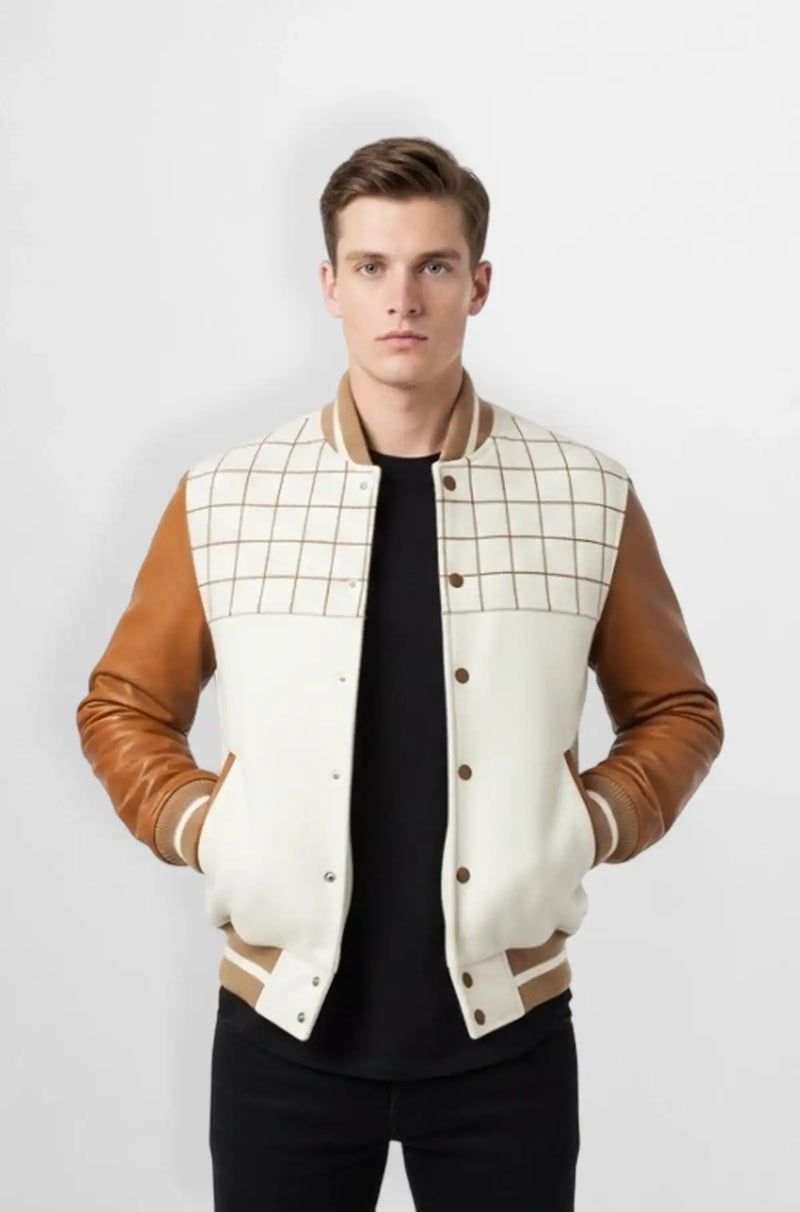 Cream White Grid Wool Leather Varsity Jacket Front view