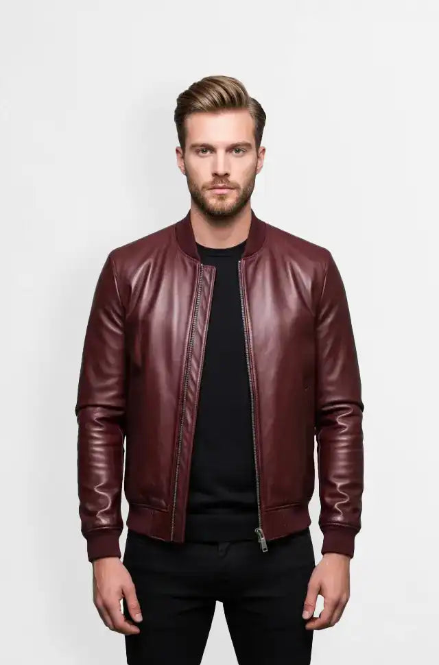 Crimson Crest Mens Maroon Leather Bomber Jacket