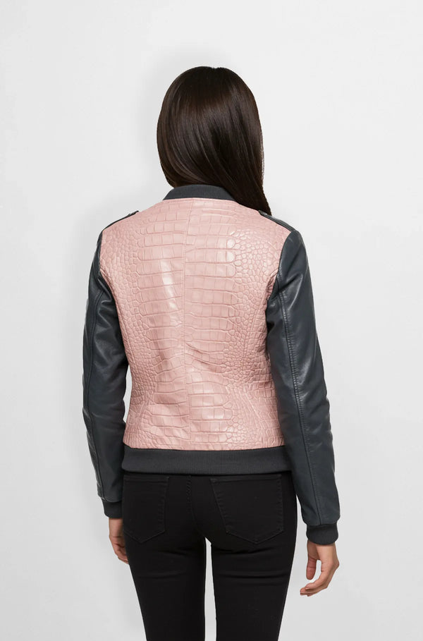 Croc Embossed Pink and Black Leather Bomber Jacket for WomenCroc Embossed Pink and Black Leather Bomber Jacket for Women