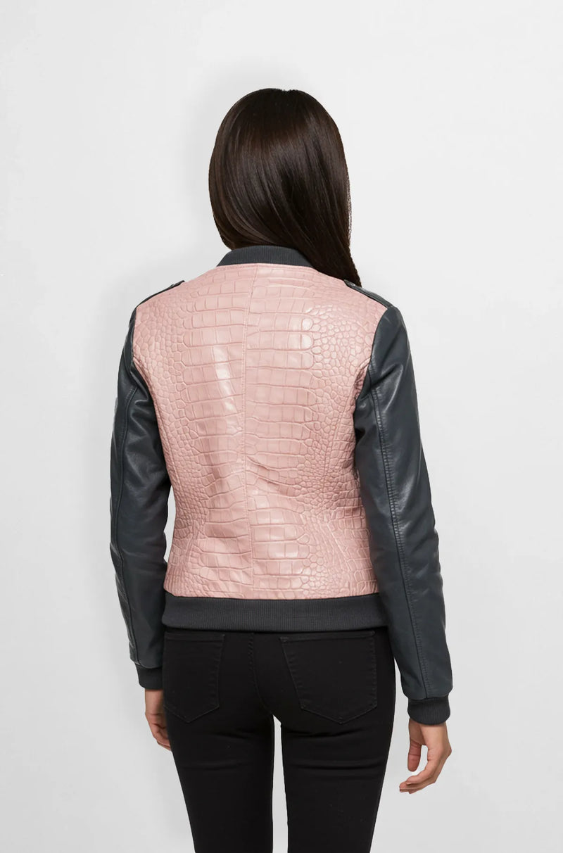 Croc Embossed Pink and Black Leather Bomber Jacket for WomenCroc Embossed Pink and Black Leather Bomber Jacket for Women