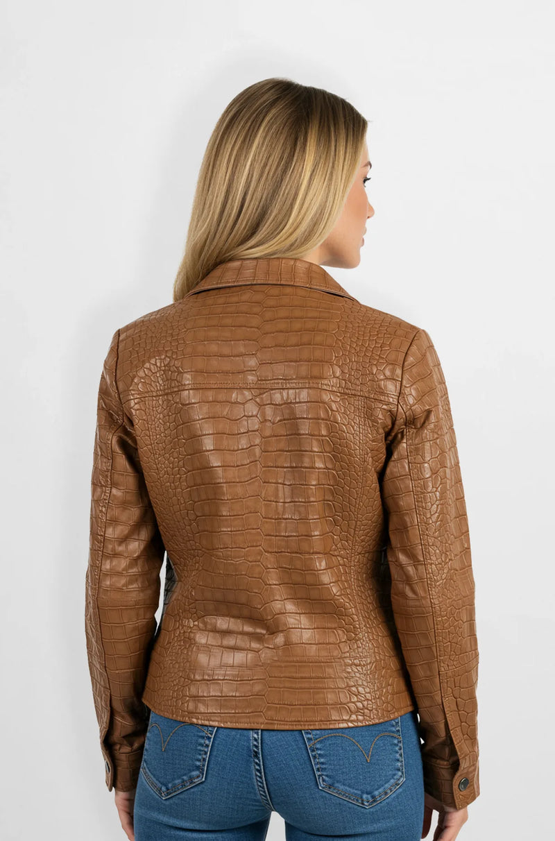 Croc-Embossed Faux Leather Shirt Jacket