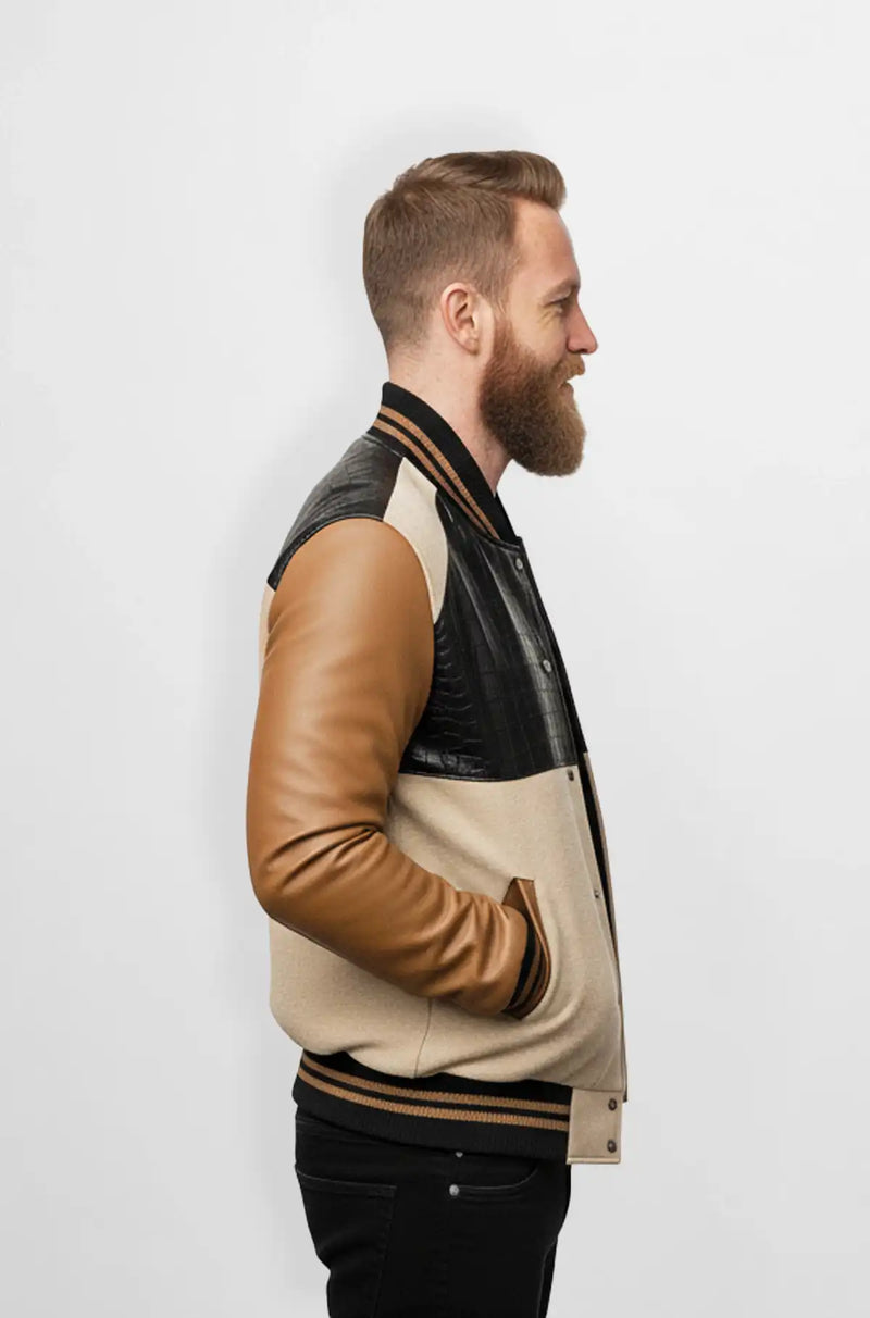 Crocodile Panel Varsity Leather Jacket for Men