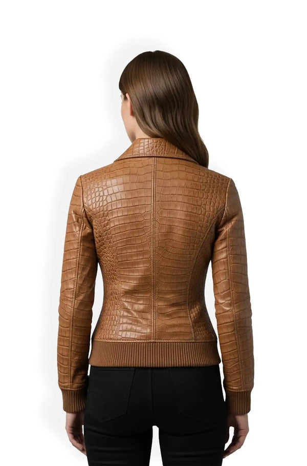 Crocodile Print Leather Bomber Jacket