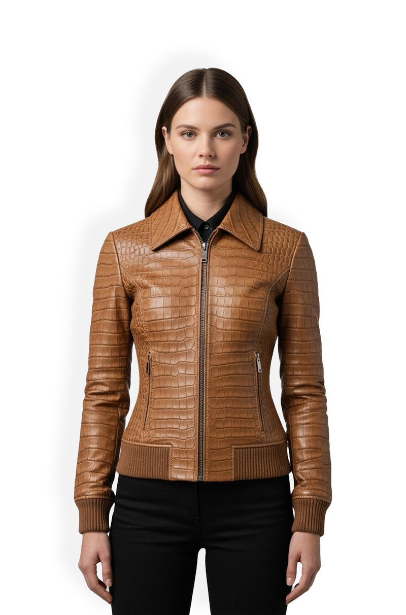 Croc-Print Leather Bomber Jacket