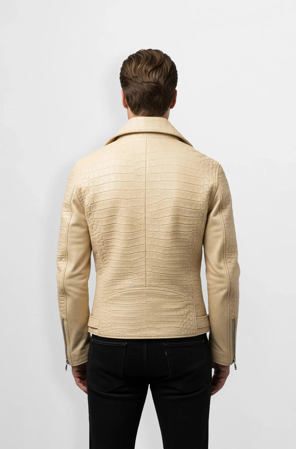 Crocodile Embossed Beige Leather Biker Jacket