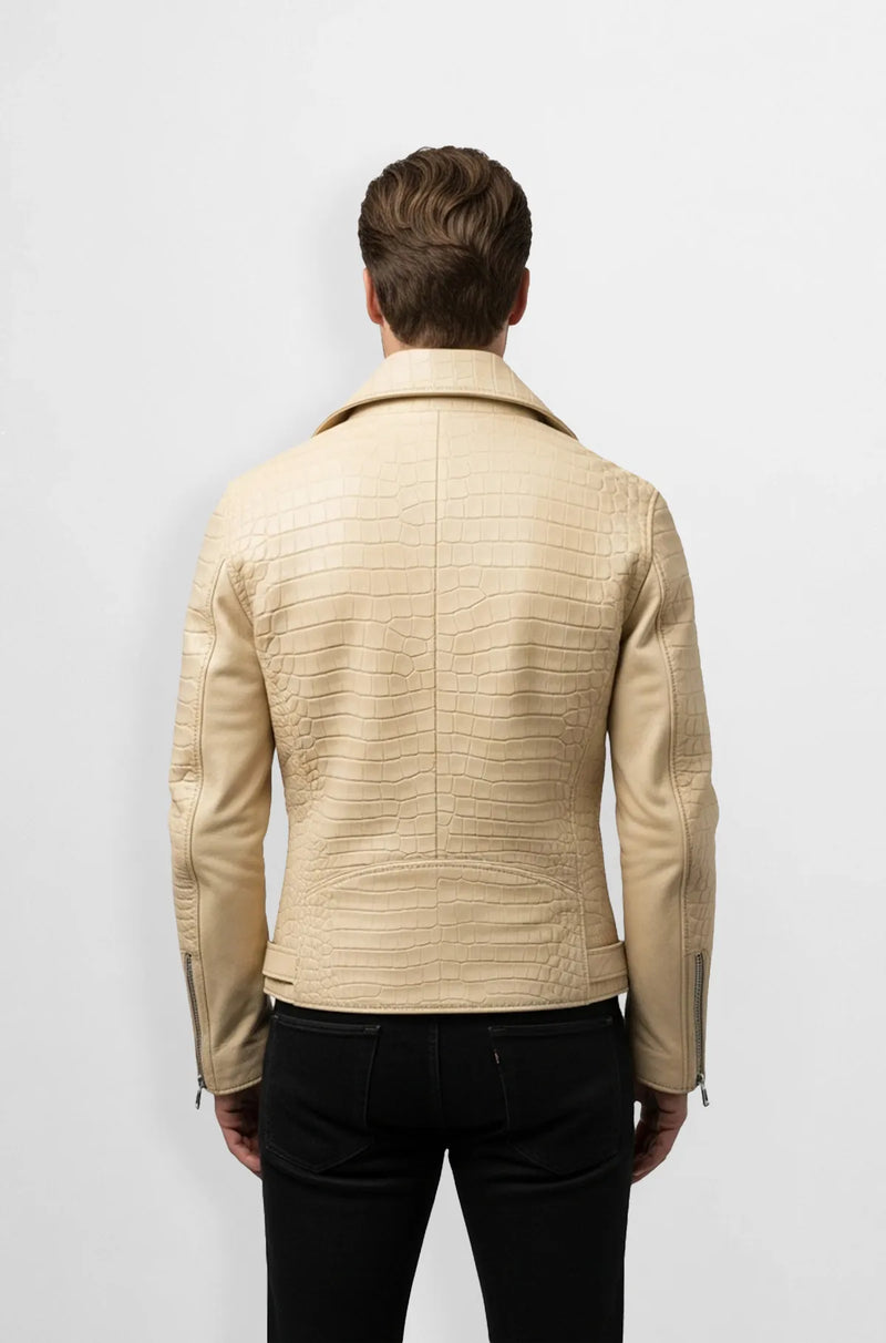 Crocodile Embossed Beige Leather Biker Jacket