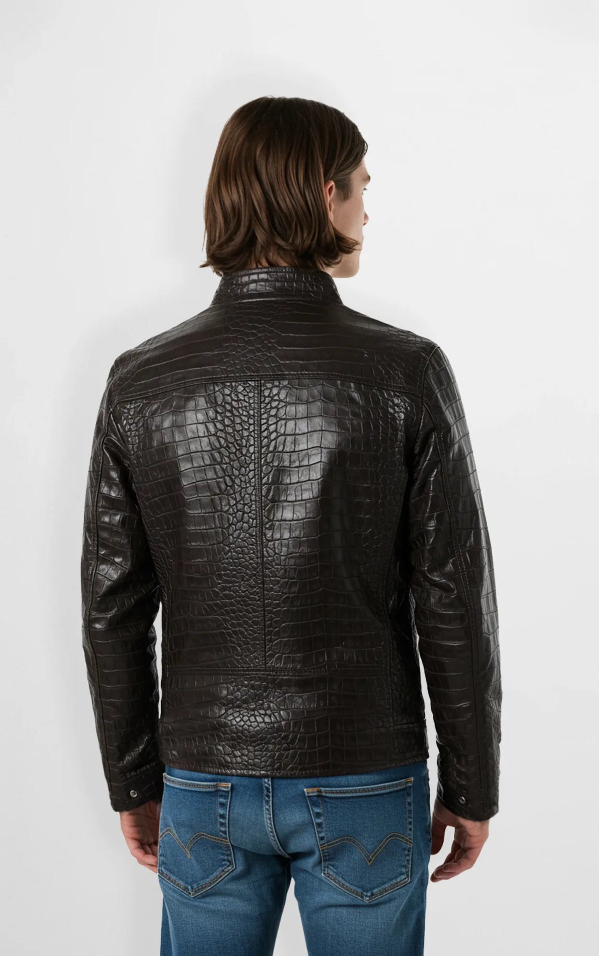 Crocodile Embossed Leather Jacket for Men back view
