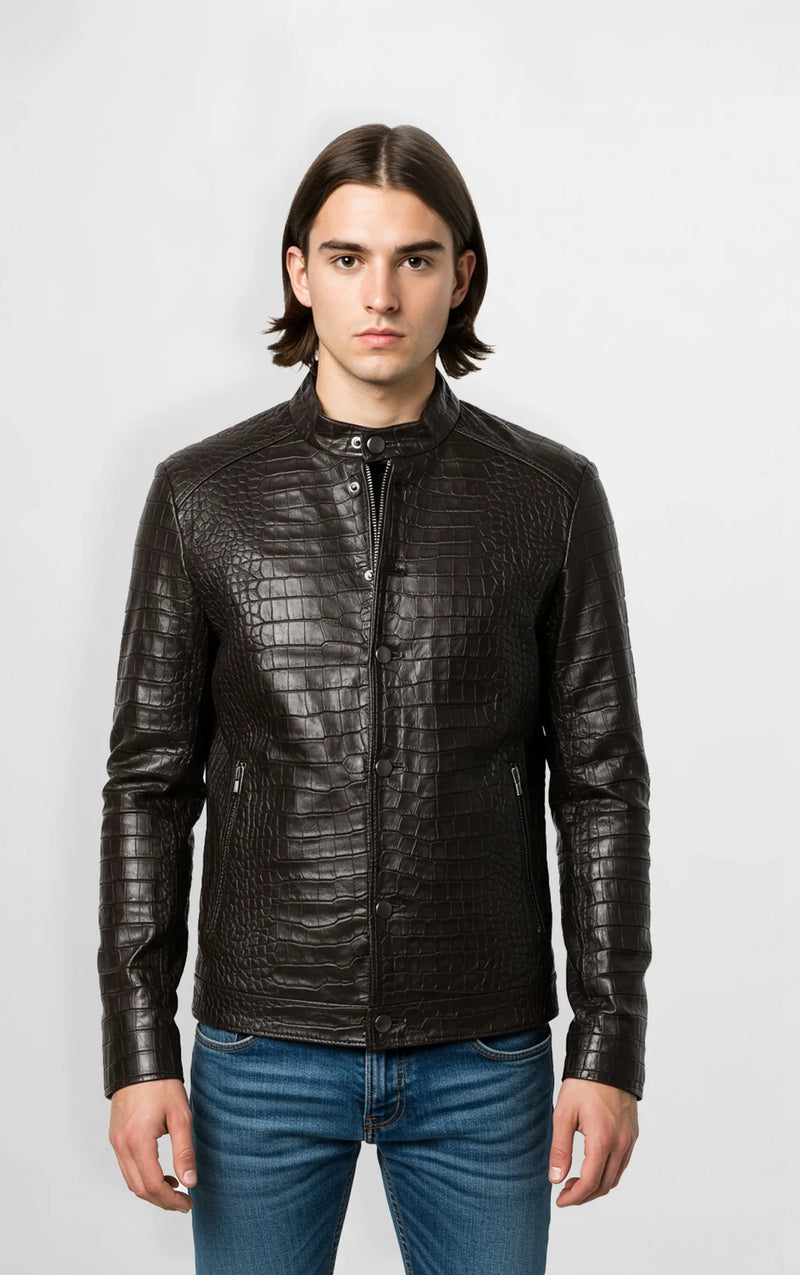 Crocodile Embossed Leather Jacket for Men front view