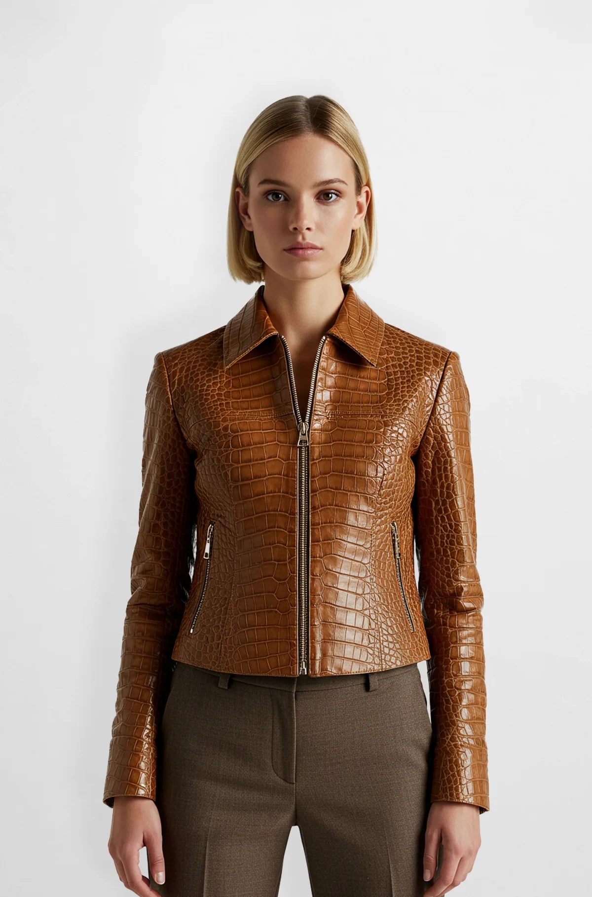 Crocodile Embossed Leather Jacket