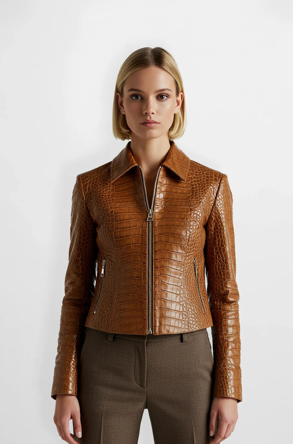 Crocodile Embossed Leather Jacket