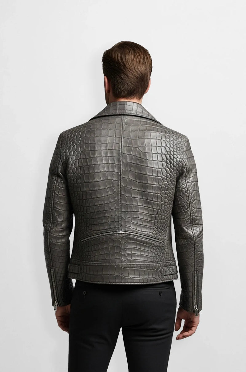 Crocodile Pattern Grey Leather Biker Jacket
