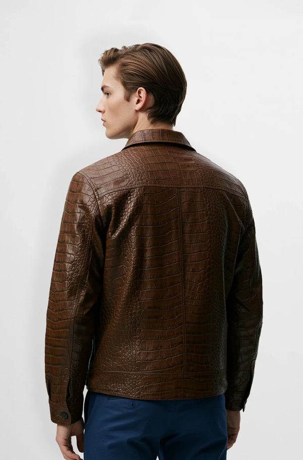 Crocodile Textured Leather Jacket for Men back view