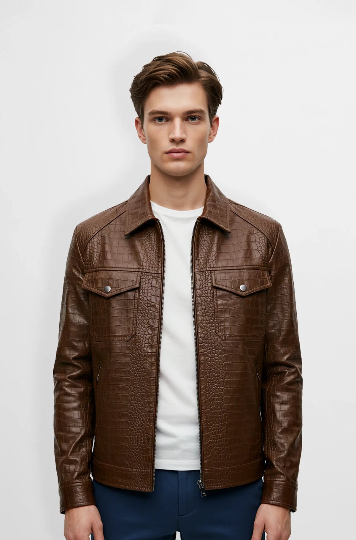Crocodile Textured Leather Jacket for Men front view