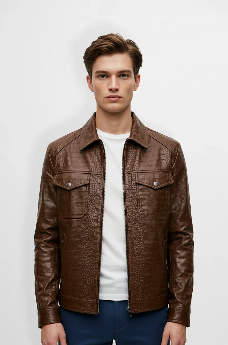 Crocodile Textured Leather Jacket for Men front view