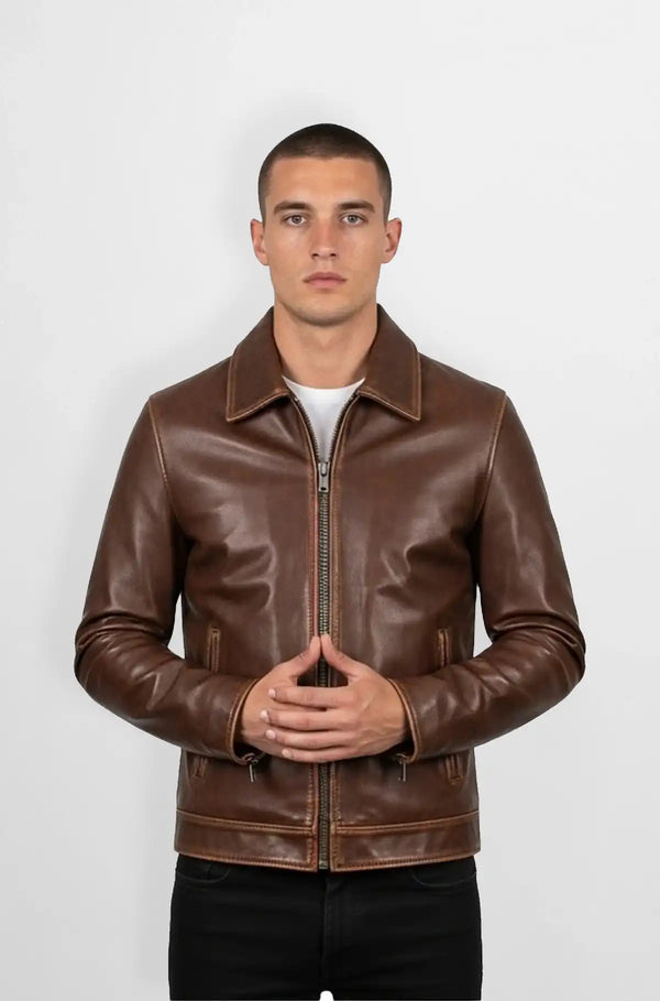 Crunch Brown Leather Bomber Jacket