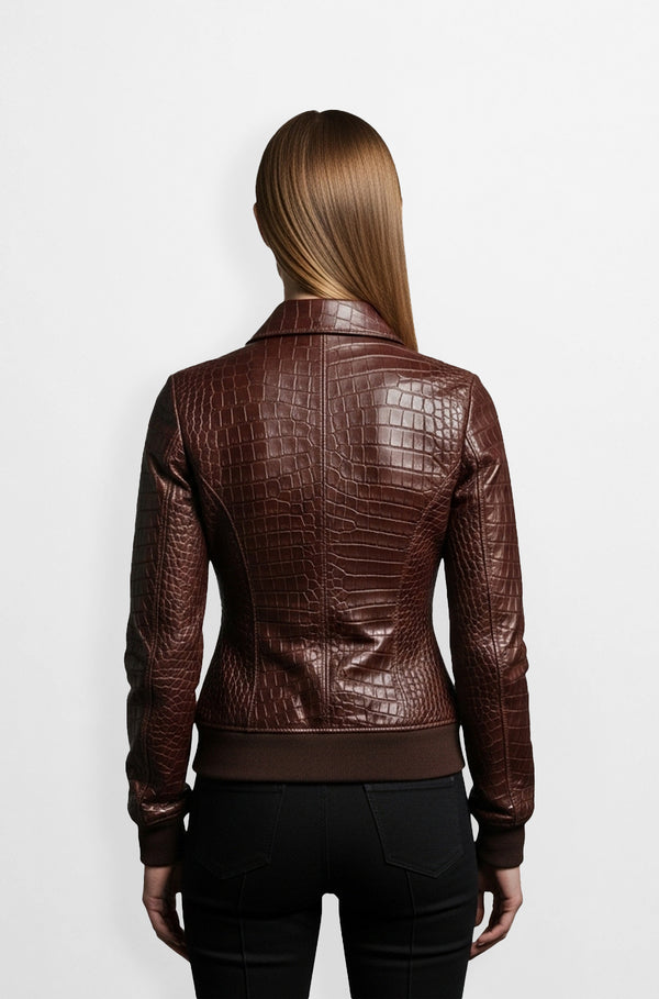Dark Brown Crocodile Embossed Leather Bomber Jacket