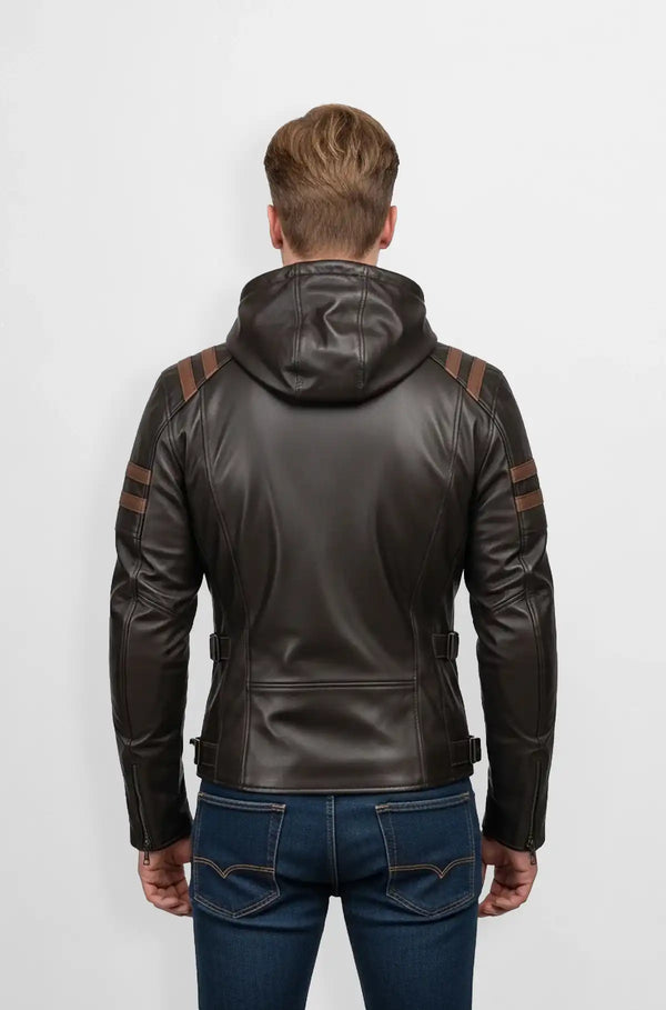 Dark Brown Leather Hooded Biker Jacket Back view