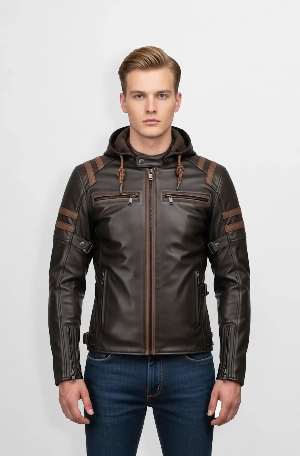 Dark Brown Leather Hooded Biker Jacket Front view