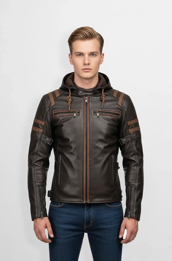 Dark Brown Leather Hooded Biker Jacket Front view
