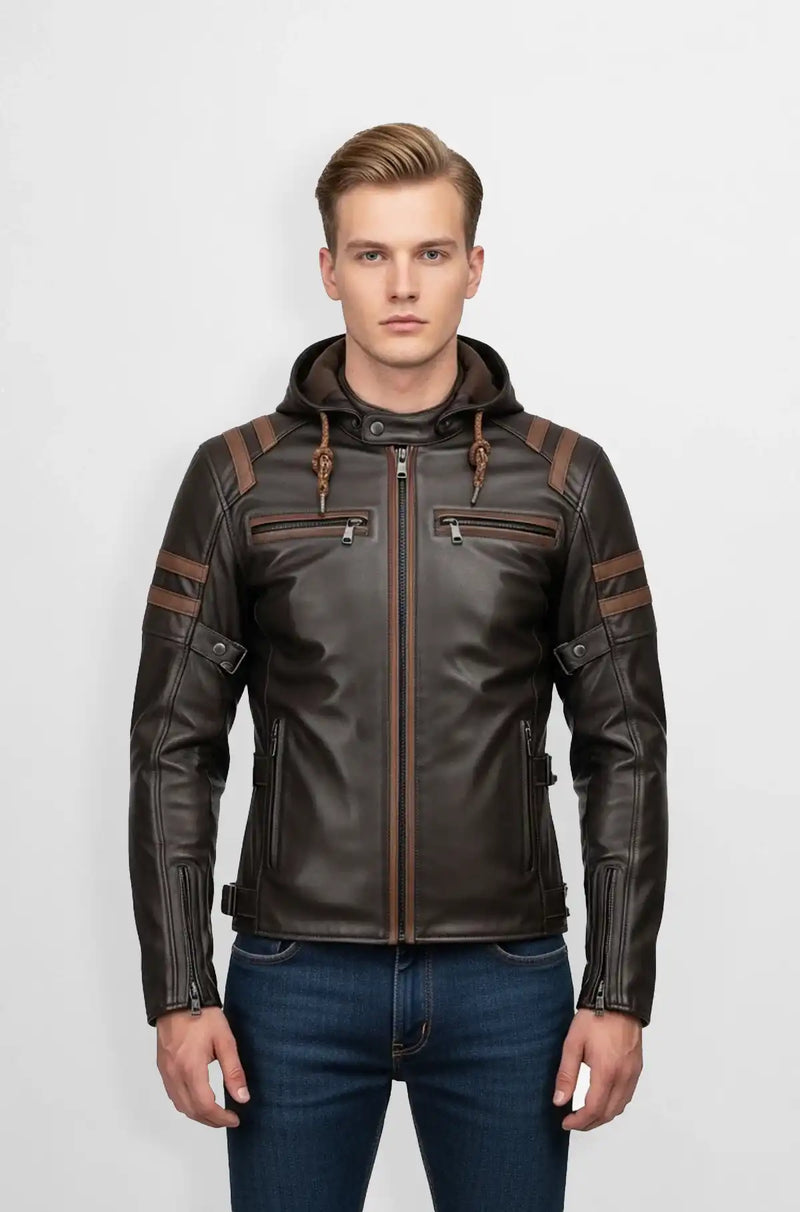 Dark Brown Leather Hooded Biker Jacket Front view