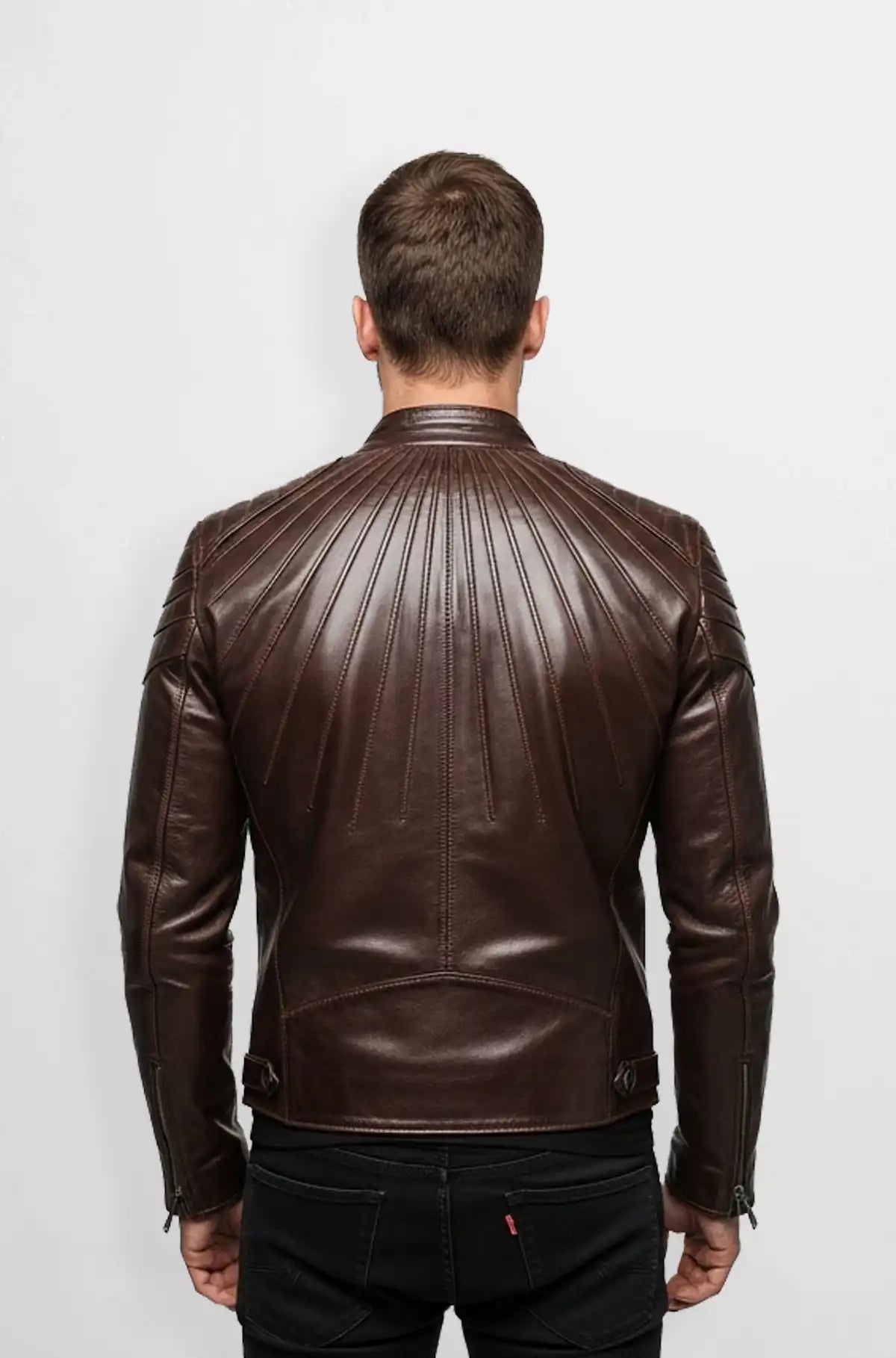 Dark Brown Leather Quilted Biker Jacket Back view