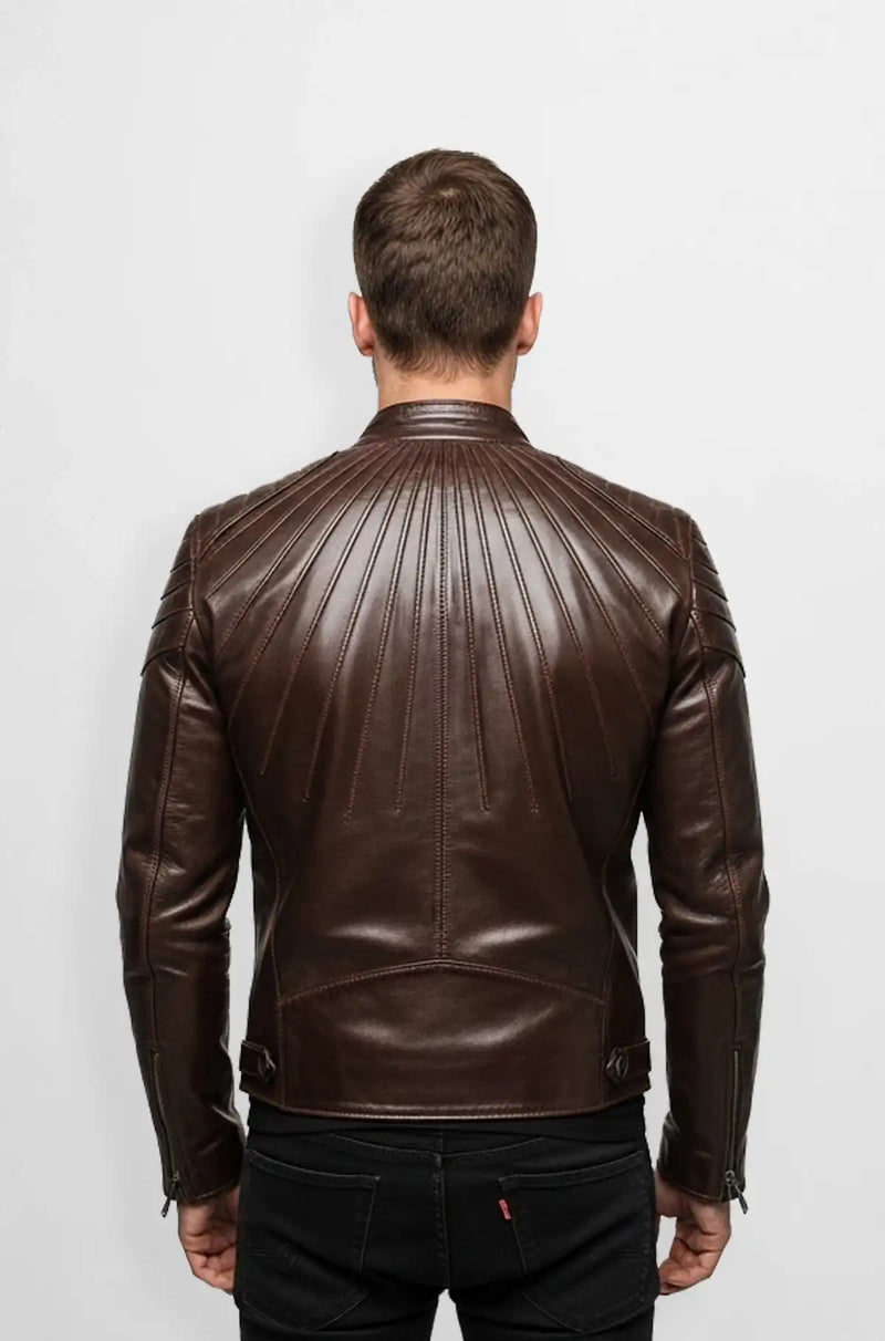 Dark Brown Leather Quilted Biker Jacket Back view