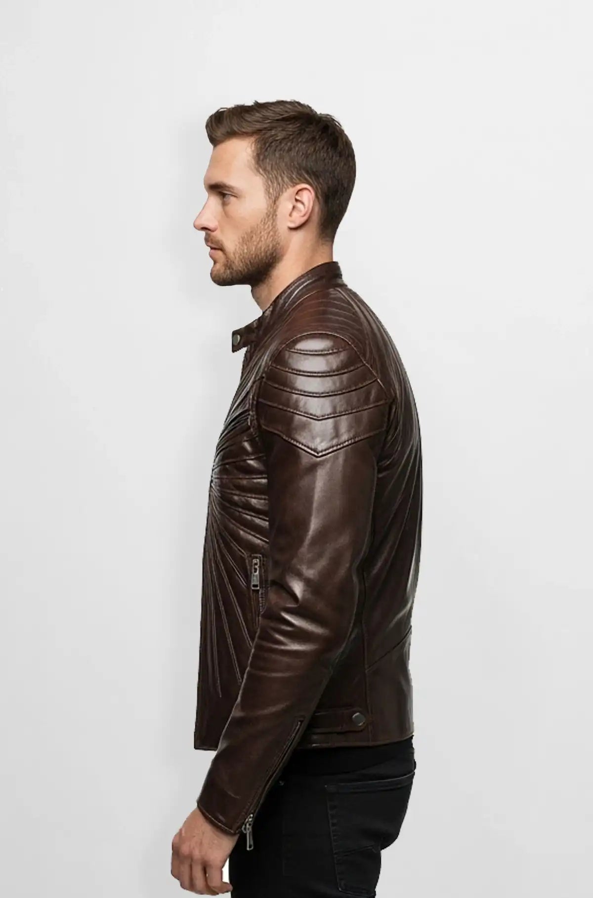 Dark Brown Leather Quilted Biker Jacket Side view