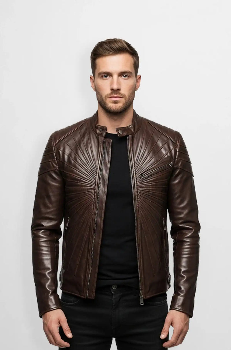 Dark Brown Leather Quilted Biker Jacket Front view