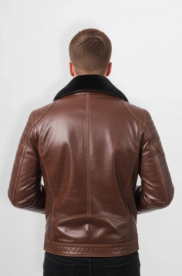 Dark Brown Shearling Leather Bomber Jacket Back view