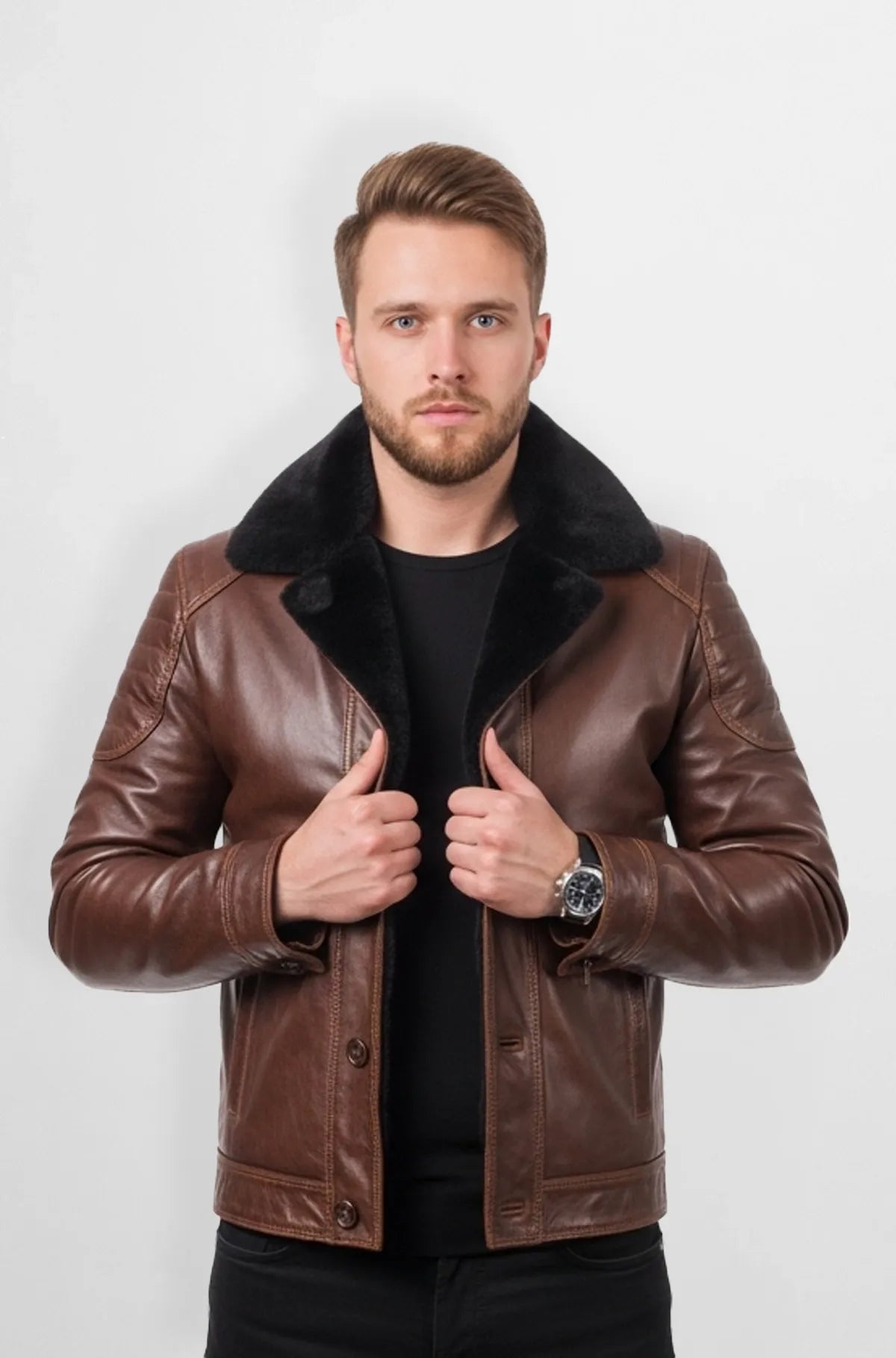 Dark Brown Shearling Leather Bomber Jacket Front view