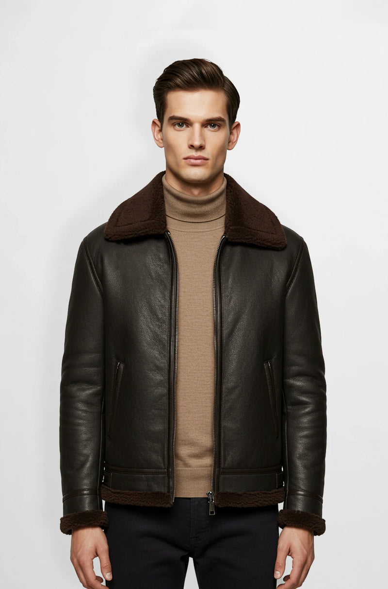 Apricot Brown Shearling Leather Jacket front view
