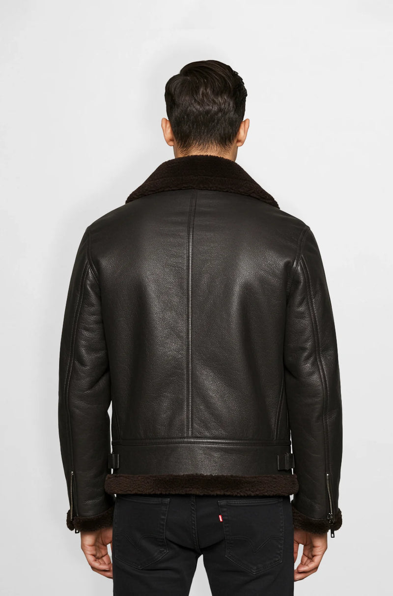 Apricot Brown Shearling Leather Jacket back view
