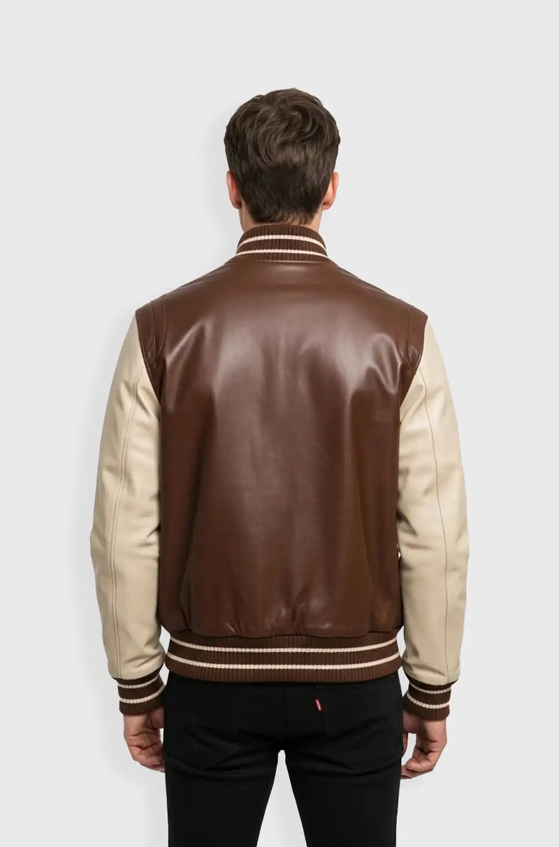 Dark Brown and Cream Leather Varsity Jacket Back view
