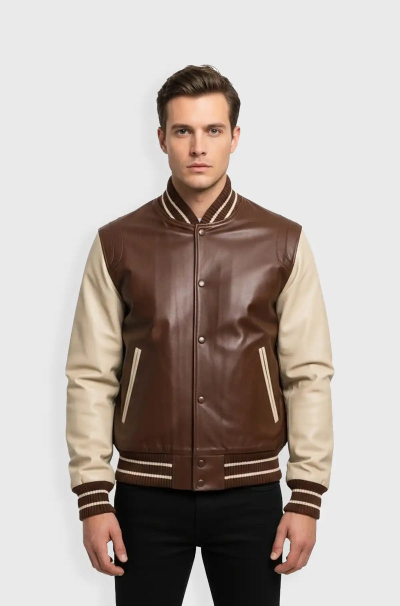 Dark Brown and Cream Leather Varsity Jacket Front view