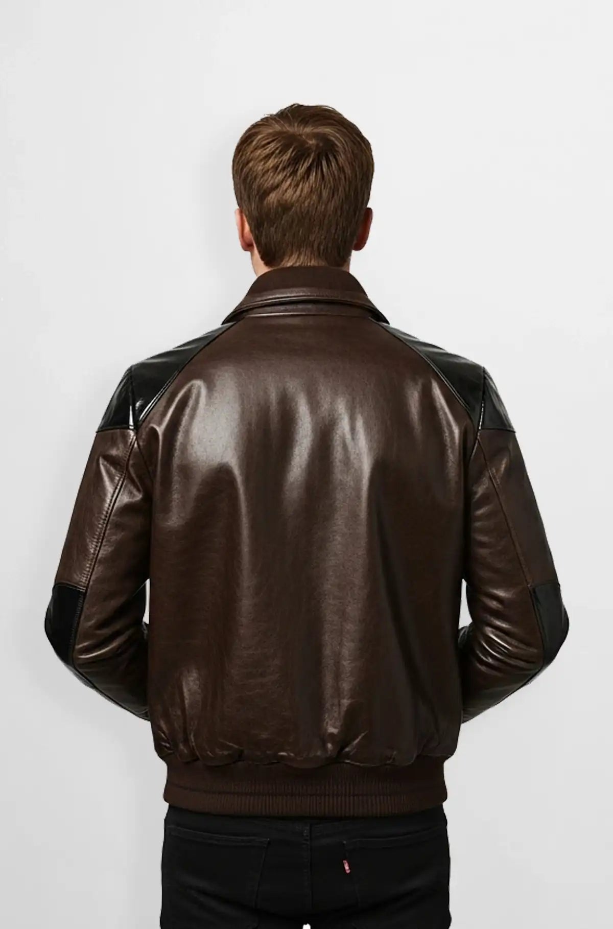 Dark Brown with Black Leather Accents Leather Bomber Jacket