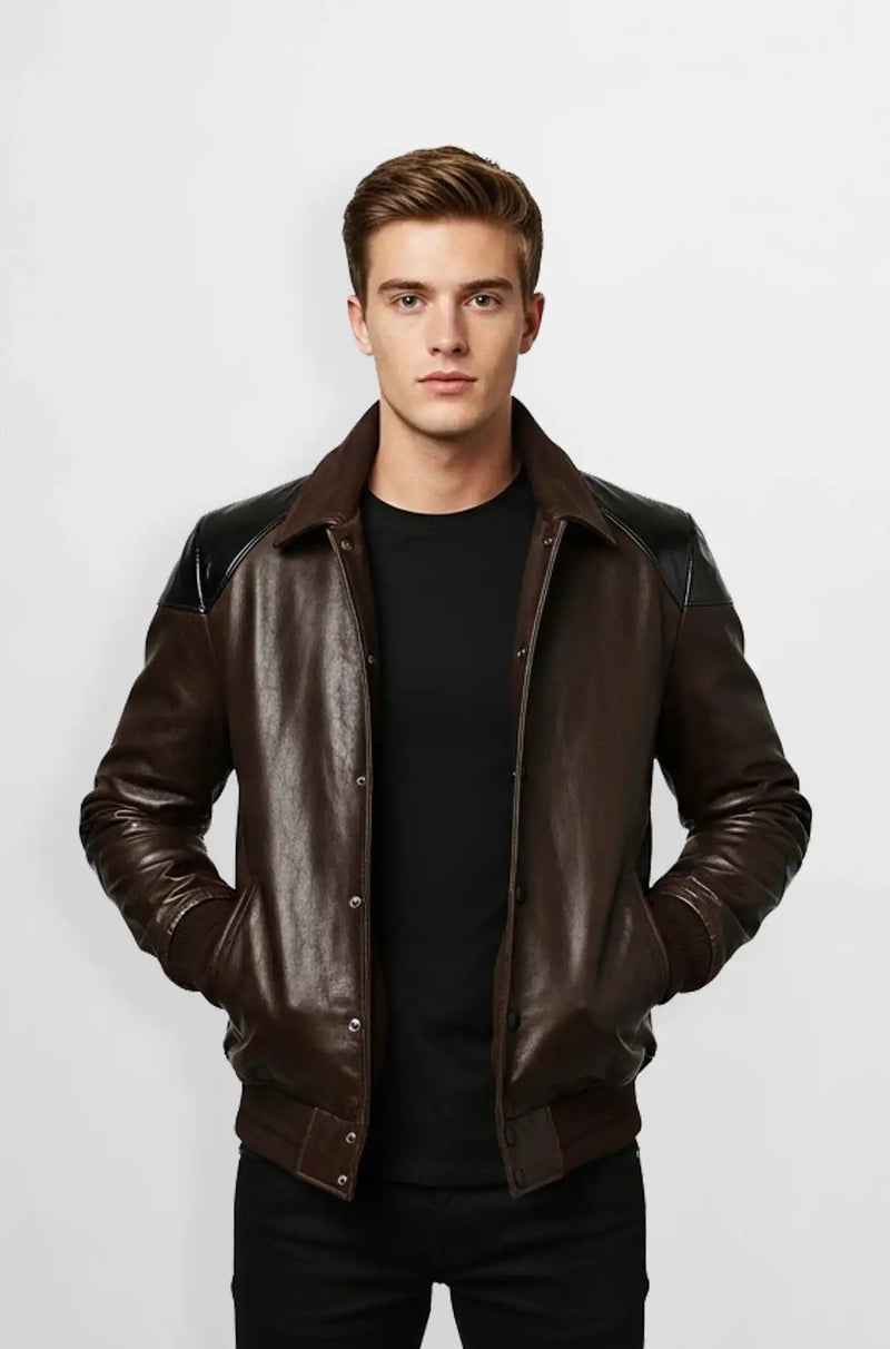 Dark Brown with Black Leather Accents Leather Bomber Jacket
