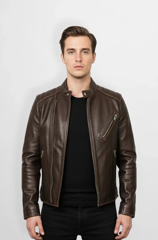 Dark Chocolate Brown Classic Moto Leather Jacket Front view