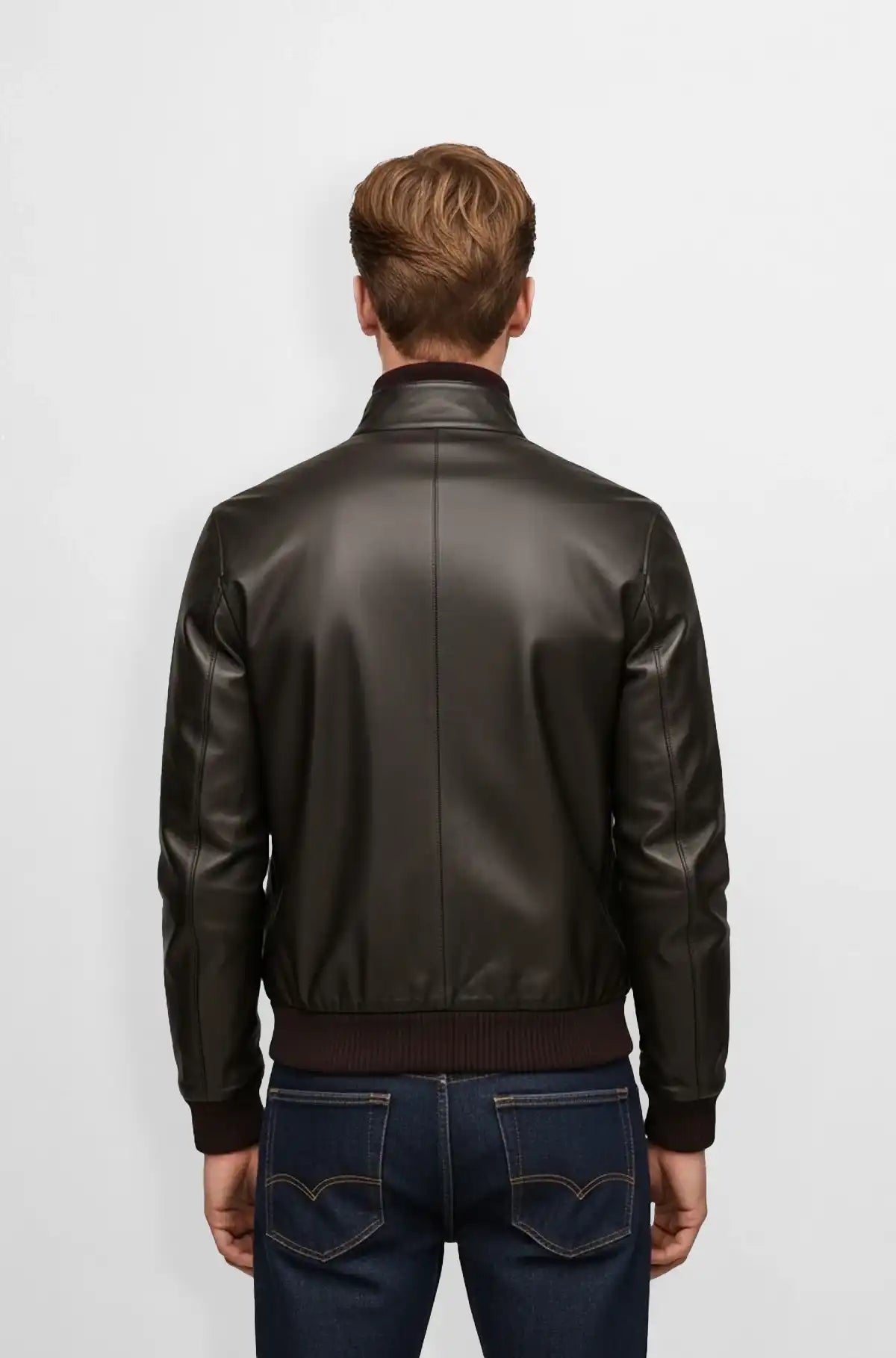 Dark Chocolate Brown Leather Bomber Jacket Back view