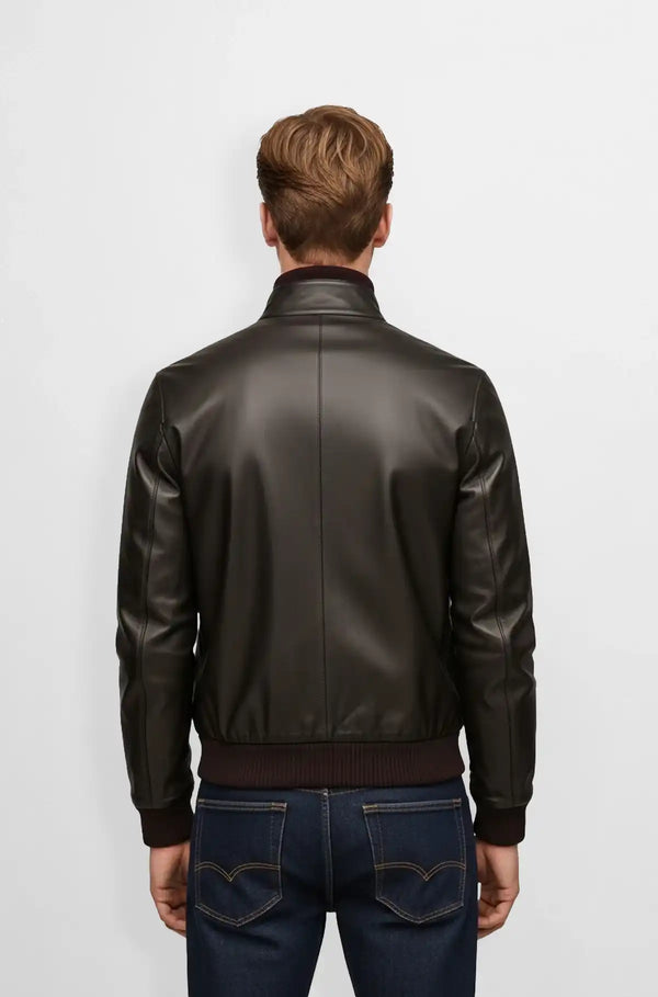 Dark Chocolate Brown Leather Bomber Jacket Back view