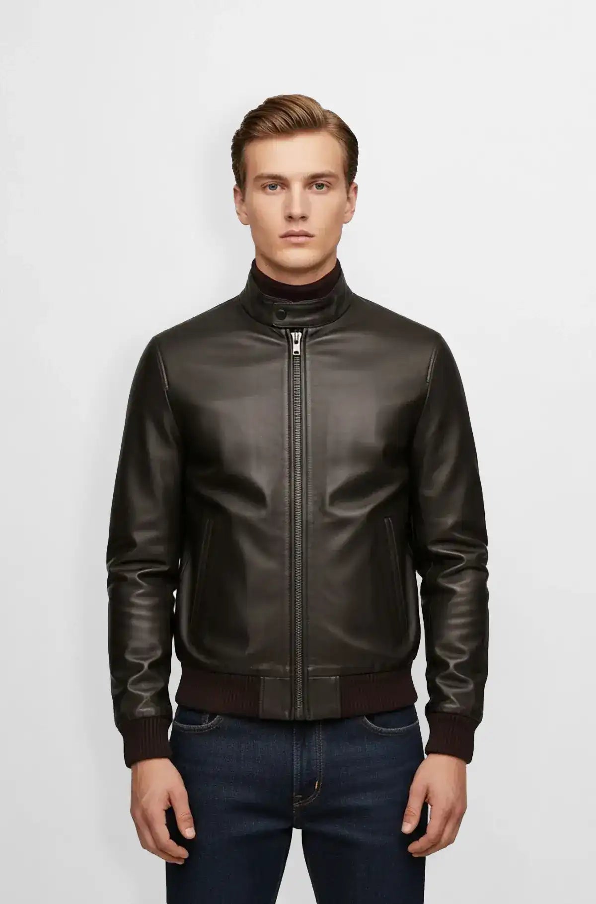 Dark Chocolate Brown Leather Bomber Jacket Front view