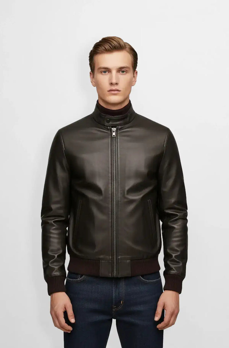 Dark Chocolate Brown Leather Bomber Jacket Front view