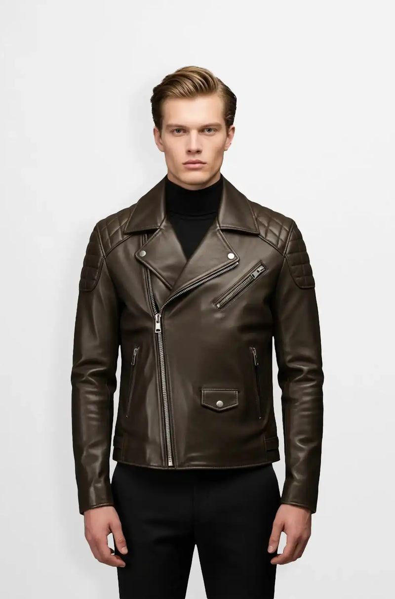 Dark Chocolate Quilted Biker Leather Jacket Front Usa