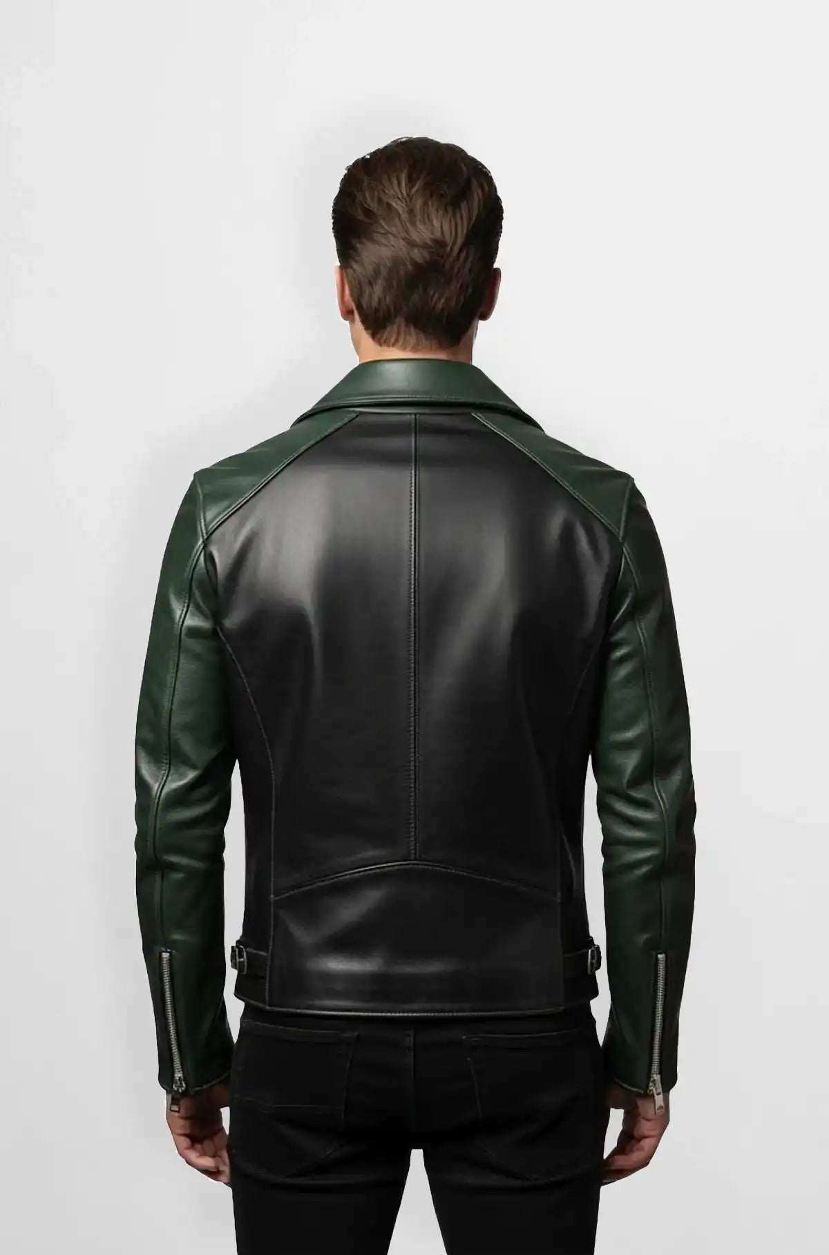 Dark Green & Black Leather Biker Jacket Back view