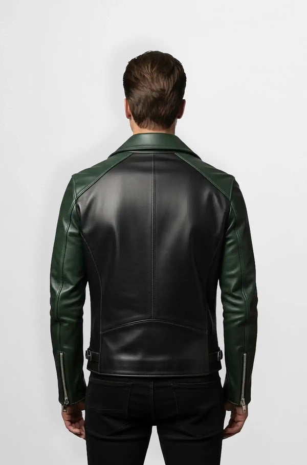 Dark Green & Black Leather Biker Jacket Back view