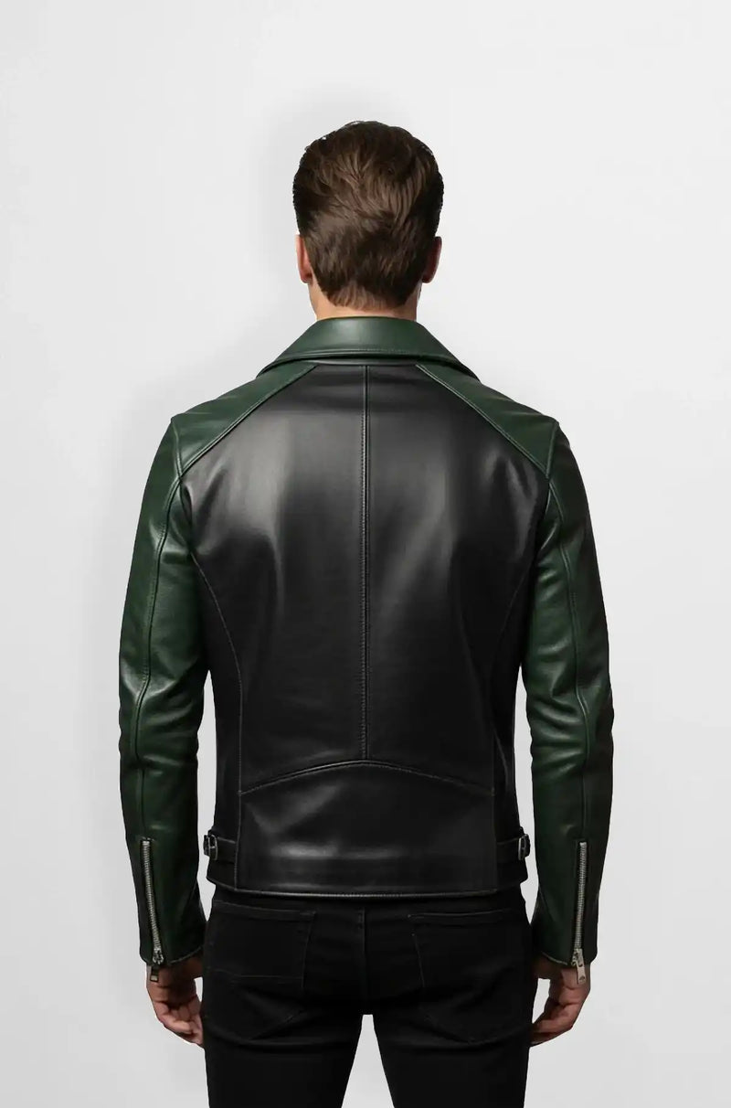 Dark Green & Black Leather Biker Jacket Back view