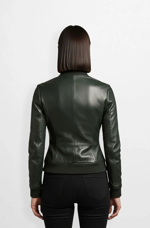 Dark Green Leather Bomber Jacket