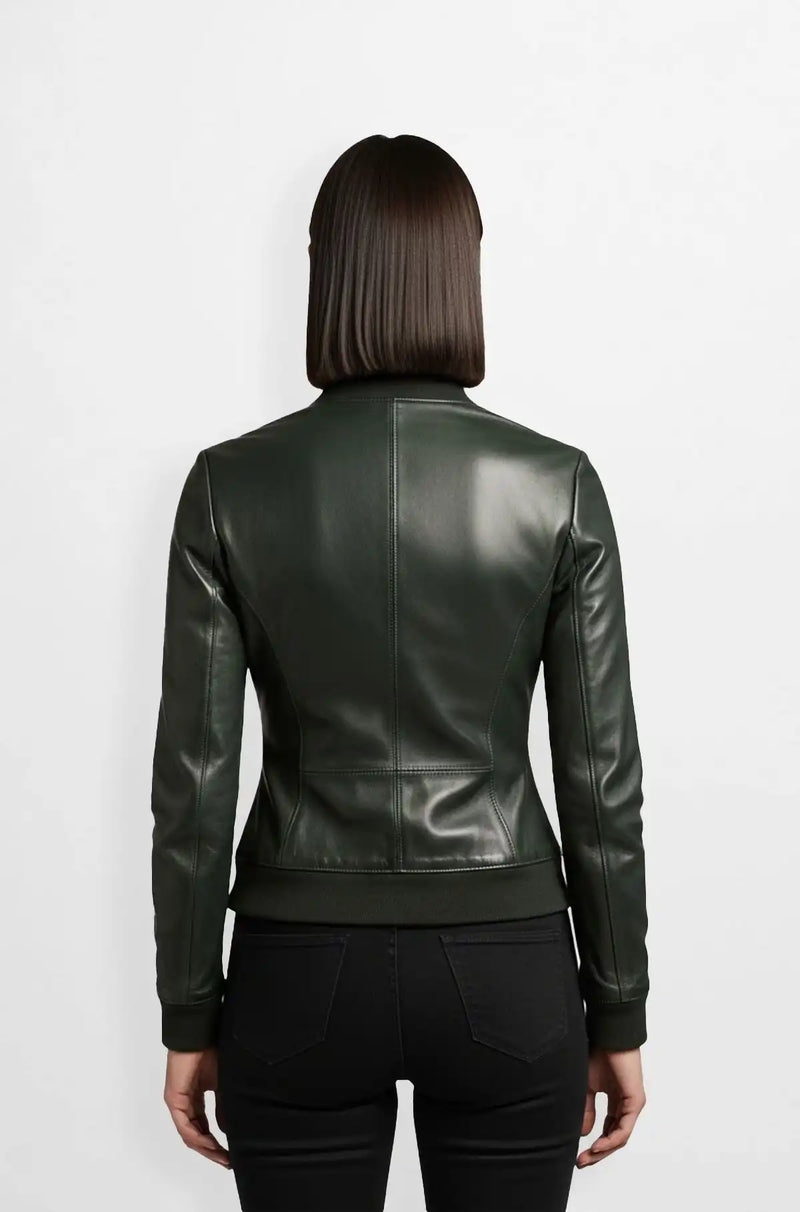 Dark Green Leather Bomber Jacket