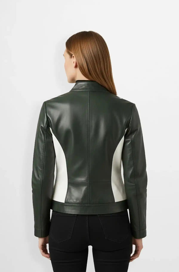 Dark Green Leather Biker Jacket for Women