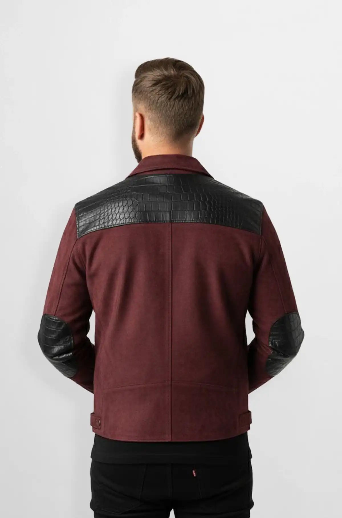 Dark Maroon Crocodile Suede Leather Bomber Jacket Back view
