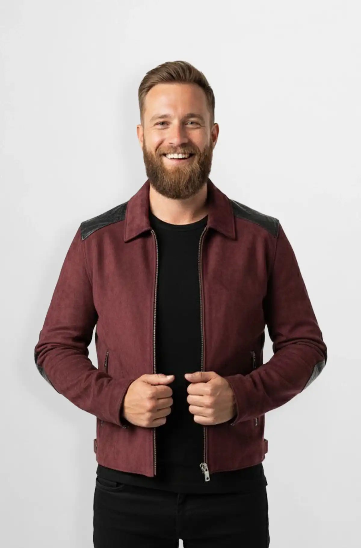 Dark Maroon Crocodile Suede Leather Bomber Jacket Front view